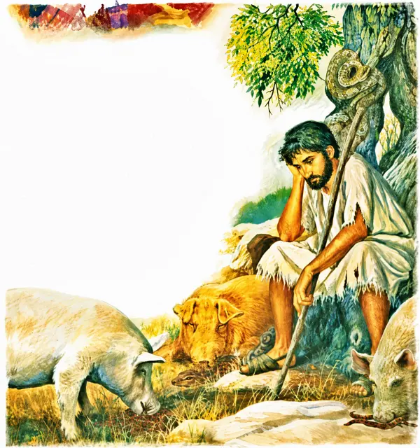 Ilustração de um homem sentado sob uma árvore entre animais, com formas no tronco que podem lembrar a cabeça de um caprino e uma serpente.