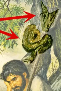 Detalhe da árvore com setas vermelhas indicando contornos que podem lembrar a cabeça de um caprino e uma serpente enrolada.