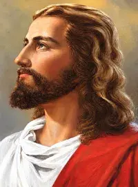 Representação artística de Jesus com cabelos ondulados e barba.