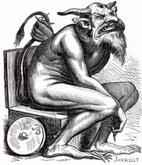 Gravura de Belfegor publicada no Dictionnaire Infernal de 1863, com barba comprida e pontiaguda e nariz proeminente.