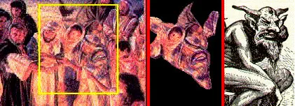 Comparação destacando na ilustração das Testemunhas de Jeová uma configuração visual semelhante a uma face de Belfegor.