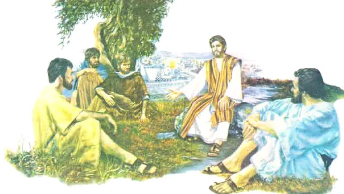 Ilustração de Jesus conversando com quatro discípulos sob uma árvore, com um deles sentado diante do tronco.