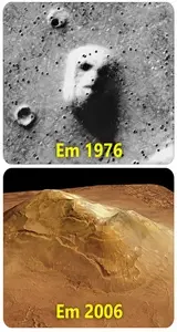Comparação da formação de Cydonia em Marte em imagens de 1976 e 2006, mostrando como a aparência de um rosto desaparece com maior definição.