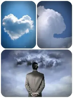 Montagem com nuvens que lembram um coração e um rosto humano, exemplificando o fenômeno da pareidolia.
