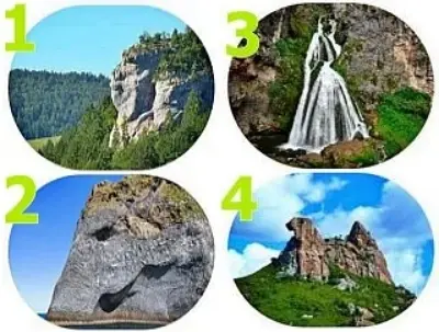 Quatro exemplos de pareidolia na natureza: Cabeça de indígena em Ébihens, Elephant Rock na Islândia, Cachoeira da Noiva no Peru e Galinha de Pedra em Quixadá.