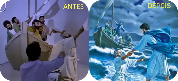 Comparação entre a encenação com modelos e a ilustração final de Jesus salvando Pedro no mar, mostrando alterações feitas pelo artista.